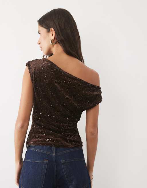 New Look sequin velvet drape detail top in dark brown, 4 of 4