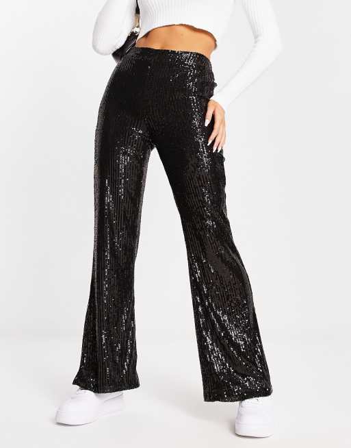 New Look sequin wide leg trousers in black | ASOS