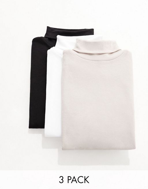 New Look - Set van 3 geribbelde tops met col in zwart, crème en nertskleur