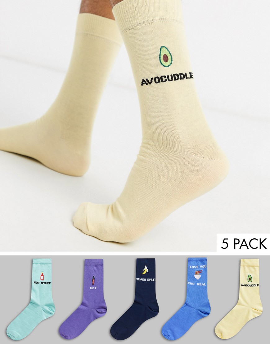 New Look - Set van 5 paar sokken in verschillende kleuren met voedseltekst-Multi