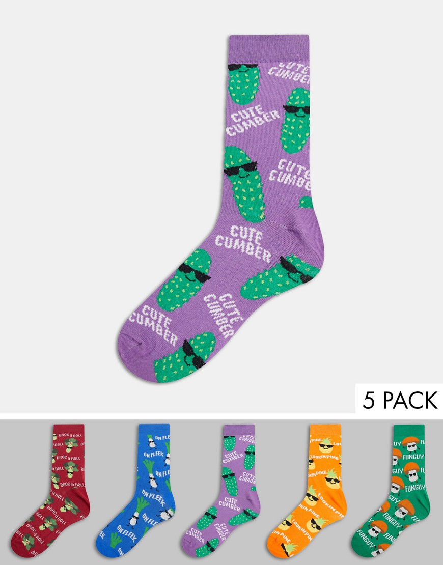 New Look - Set van 5 paar sokken met print in donkere multikleuren