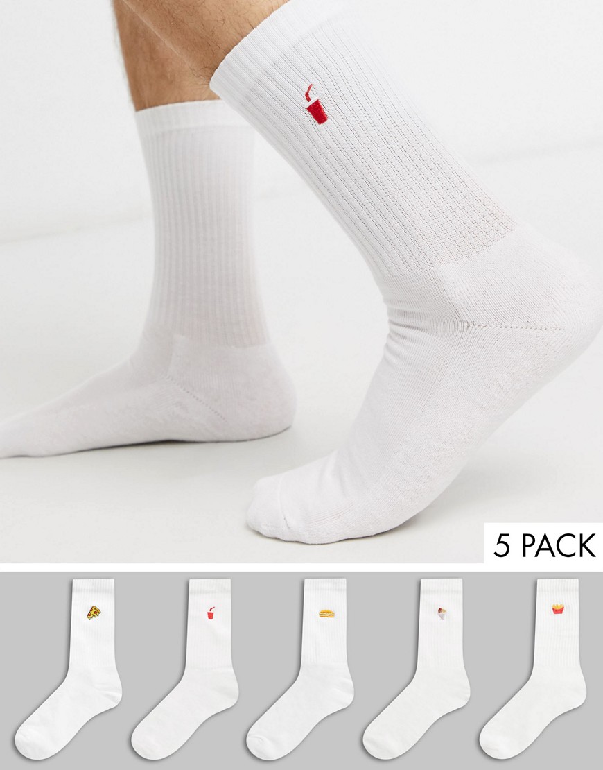 New Look - Set van 5 sokken met geborduurde fast food-print in wit