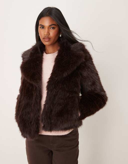 New Look shaggy faux fur coat in brown ASOS