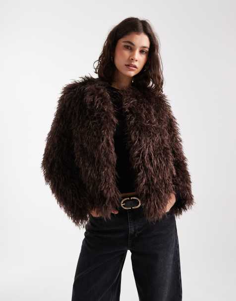 New Look shaggy faux fur cropped jacket in brown