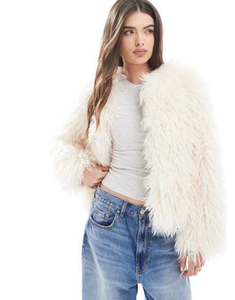 New Look shaggy faux fur cropped jacket in cream - view 1