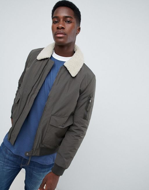 New Look shearling jacket in khaki | ASOS