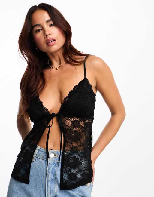 New Look sheer lace seamed cami in black