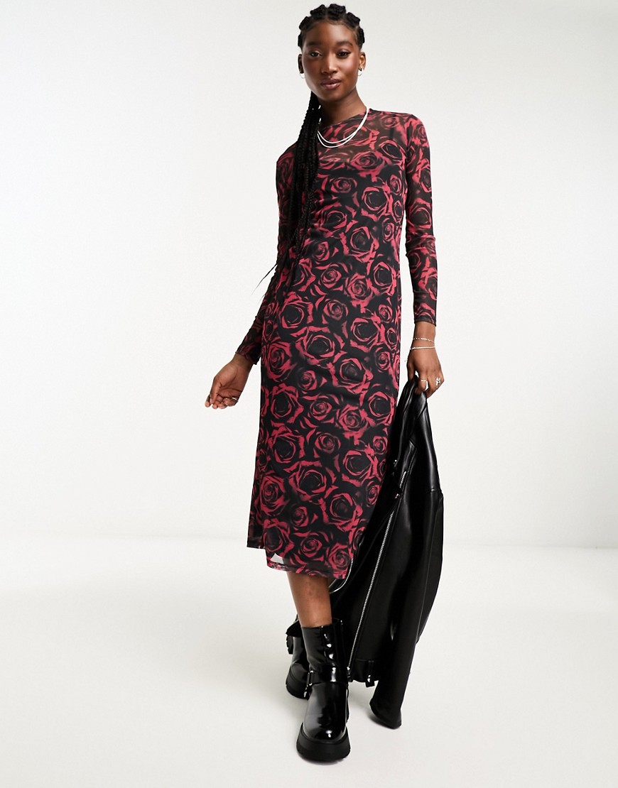 New Look sheer long sleeve midi dress in rose print-Black