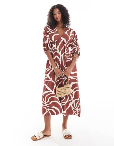 New Look shell smock midi dress in brown pattern - view 1