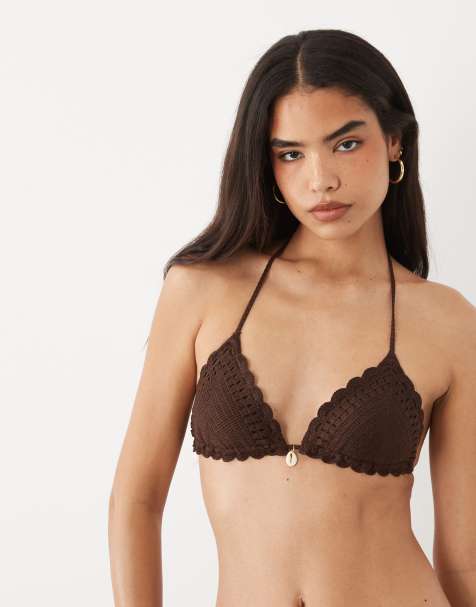 New Look shell trim crochet bikini top in brown