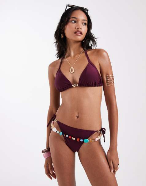 New Look shell trim tie side bikini top & bottoms set in burgundy - view 1