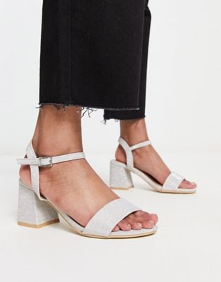 New Look shimmer mid heeled block sandals in silver