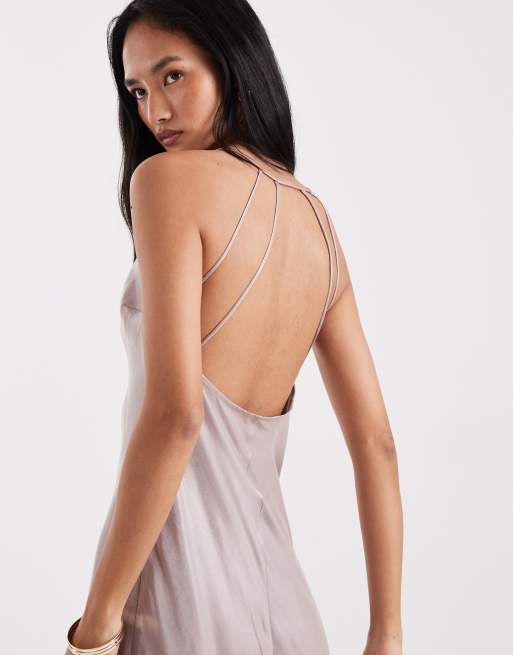 New Look shimmer satin maxi slip dress in pink, 3 of 4