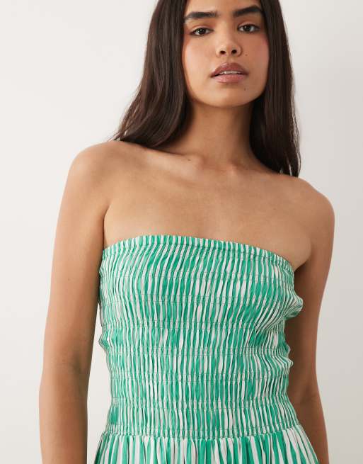 New Look shirred bandeau midi dress in green stripe, 3 of 4