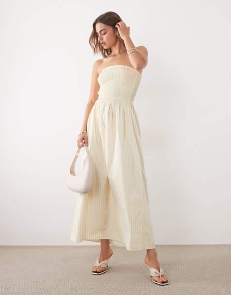 New Look shirred bandeau midi dress in yellow stripe - view 1