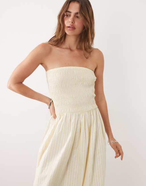 New Look shirred bandeau midi dress in yellow stripe, 2 of 4
