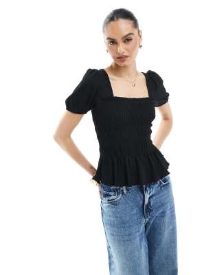 New Look shirred bodice puff sleeve top in black