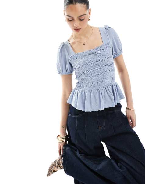 New Look shirred bodice puff sleeve top in blue - view 1