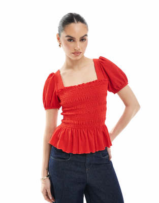 New Look shirred bodice puff sleeve top in red