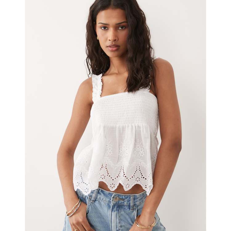 New Look shirred broderie cami top in white | ASOS