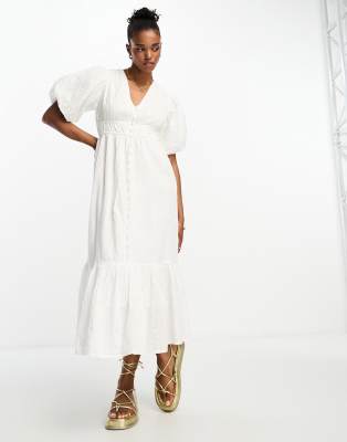 New Look shirred button through midi dress in white