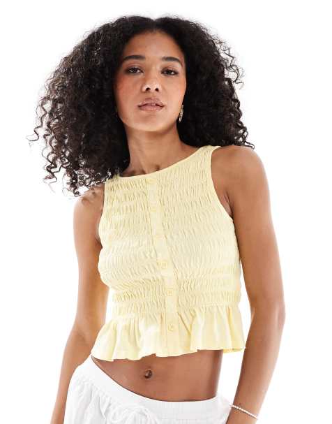 New look shirred button through vest in yellow - view 1
