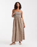 [New Look] New Look shirred check bandeau midi dress in brown 12 29-Brown Pattern