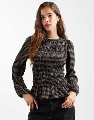 New Look New Look shirred check long sleeve top in brown