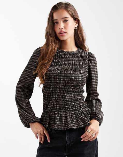 New Look shirred check long sleeve top in brown - view 1