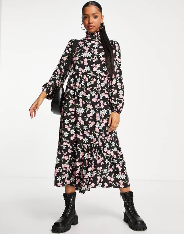 New Look shirred collar puff sleeve midi dress in black ditsy floral