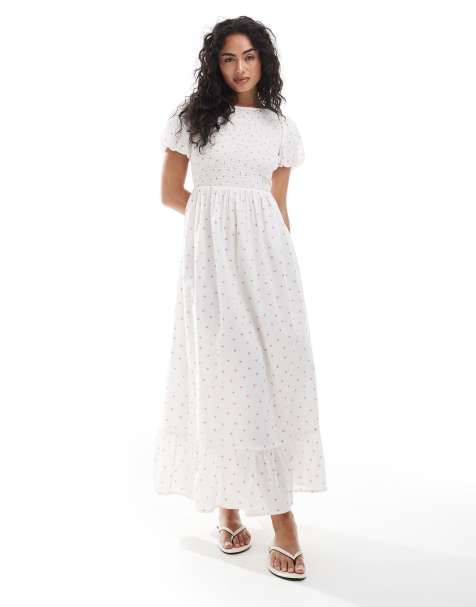 New Look shirred cross back midi dress in white floral - view 1