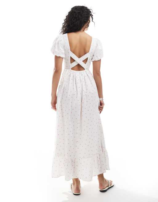 New Look shirred cross back midi dress in white floral, 2 of 4