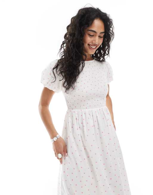 New Look shirred cross back midi dress in white floral, 3 of 4