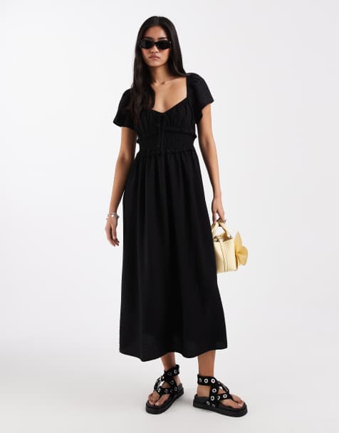 New Look shirred detail midi dress in black