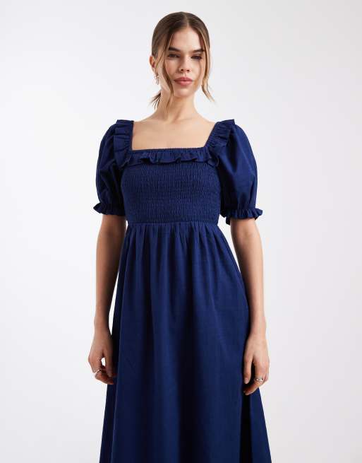 New Look shirred frill trim midi dress in navy, 3 of 4