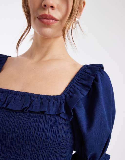 New Look shirred frill trim midi dress in navy, 4 of 4