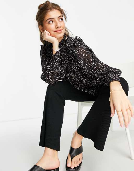 New Look shirred high neck chiffon blouse in black spot | ASOS