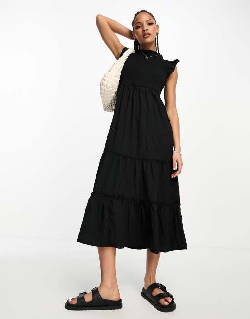 New Look shirred high neck tiered midi dress in black | ASOS