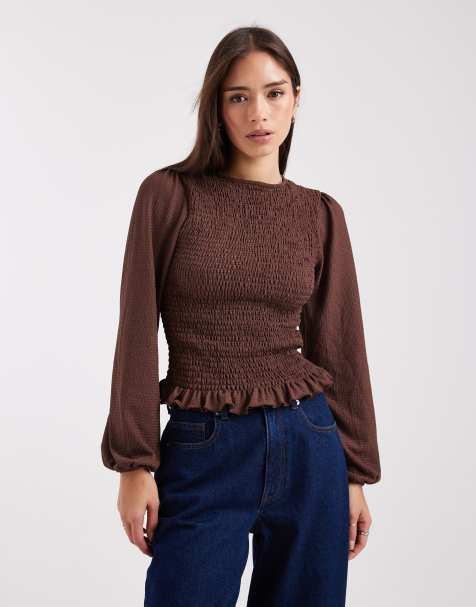 New Look shirred long sleeve top in brown - view 1