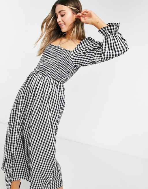 New Look shirred midi dress in black check ASOS