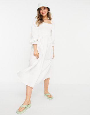 New Look shirred midi dress in off white | ASOS