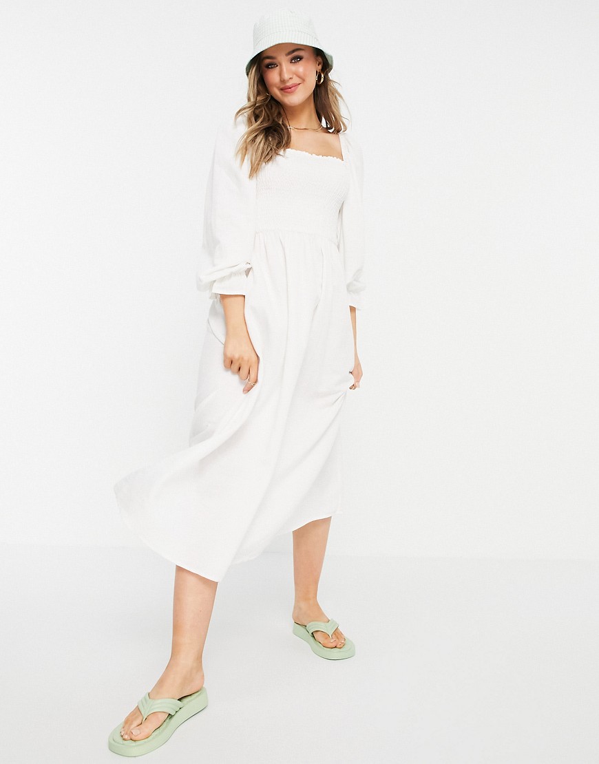 New Look shirred midi dress in off white