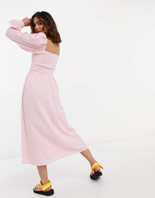 New Look shirred midi dress in pink gingham