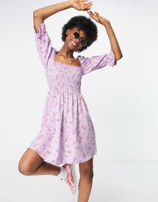 New Look shirred mini dress in lilac floral | ASOS