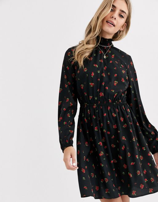 New Look shirred neck mini dress in rose ditsy floral print | ASOS
