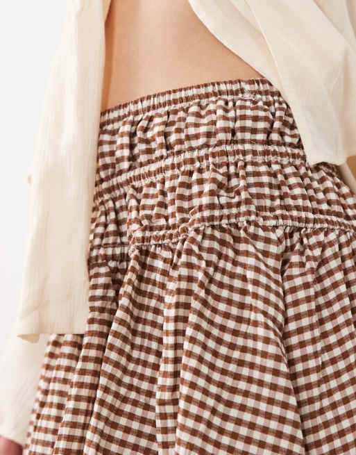 New Look shirred panel mini skirt in brown gingham check, 4 of 5