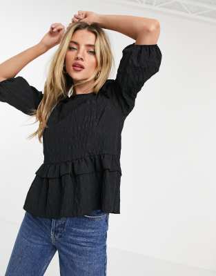 New Look shirred pretty blouse in black