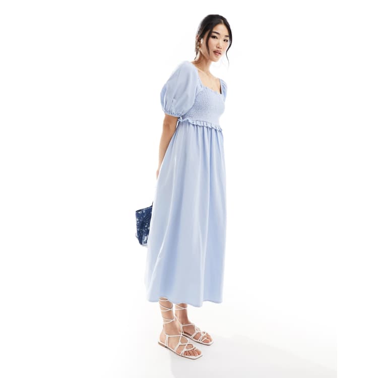 New Look shirred puff sleeve linen blend midi dress in light blue ASOS