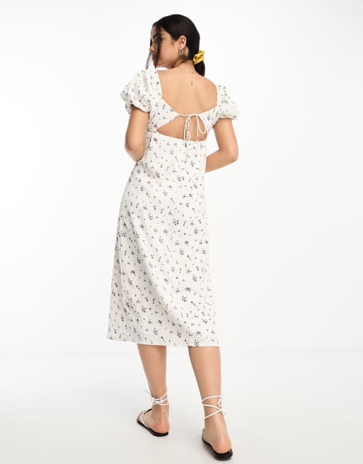 New Look shirred puff sleeve midi dress in white floral, 4 of 4