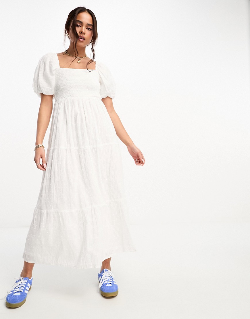 New Look shirred puff sleeve tiered midi dress in white